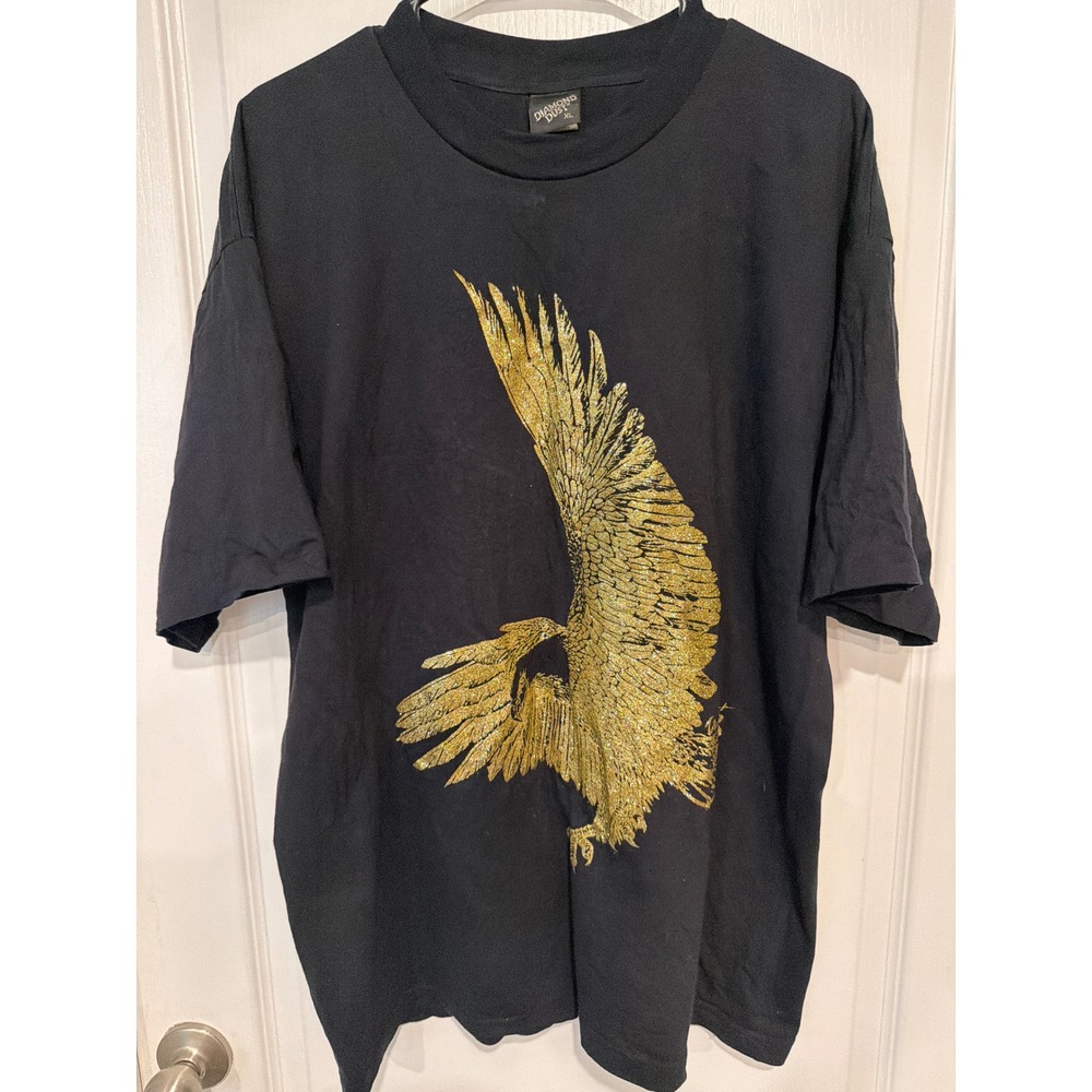 Diamond Dust Mens XL Black T-Shirt Gold Glitter Eagle Graphic Vintage Style Tee
